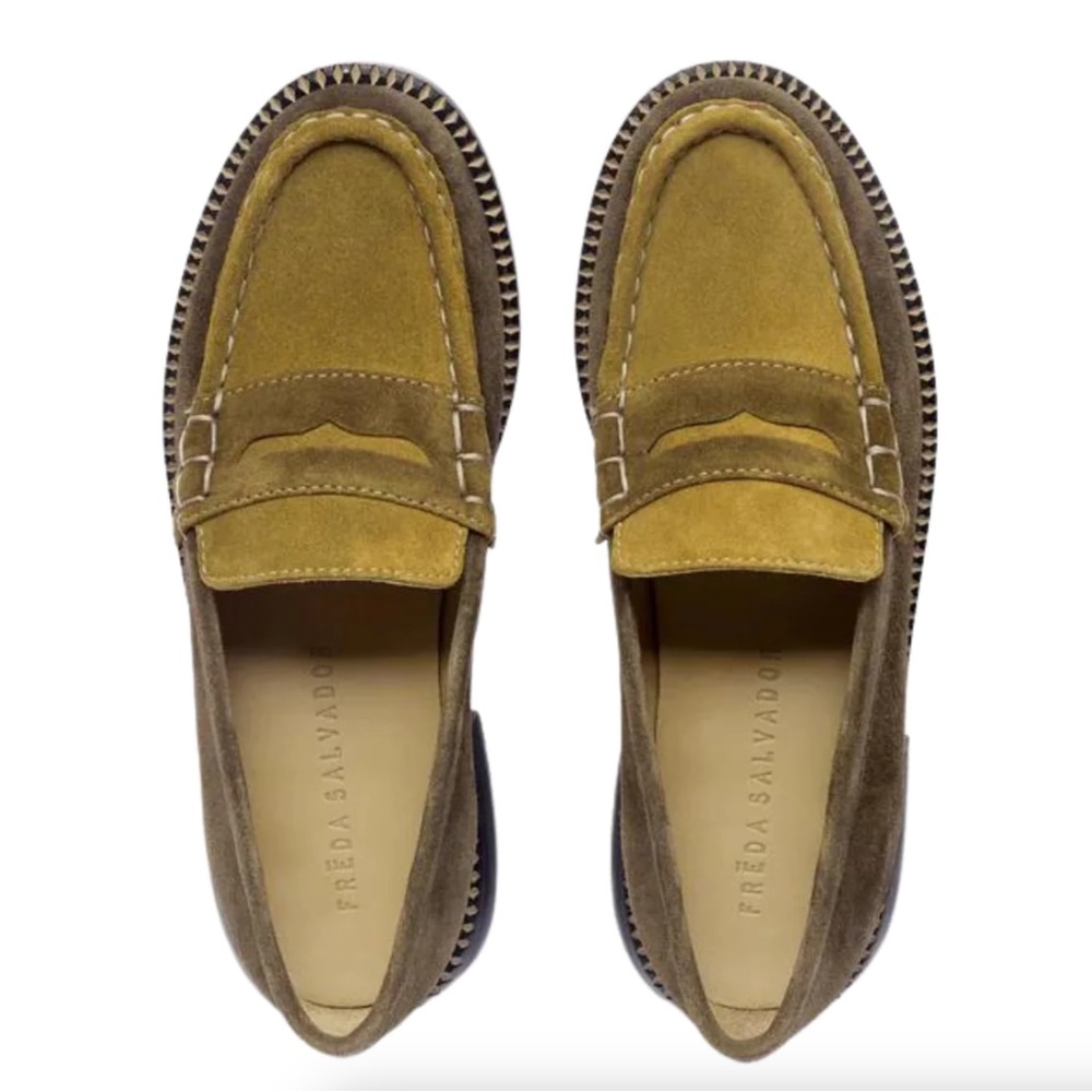 Freda Salvador Elba Penny Loafers in Bark Suede Combo